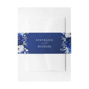 Royal Blue White Silver Metallic Floral Wedding Invitation Belly Band
