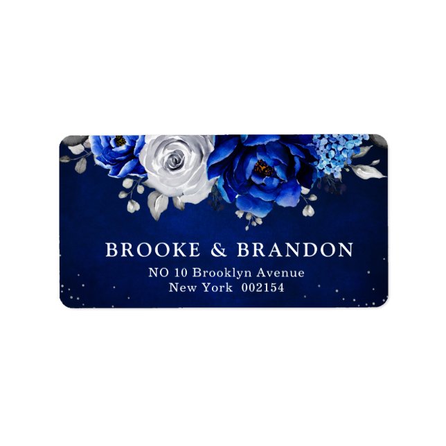 Royal Blue White Silver Metallic Floral Wedding La Label (Front)