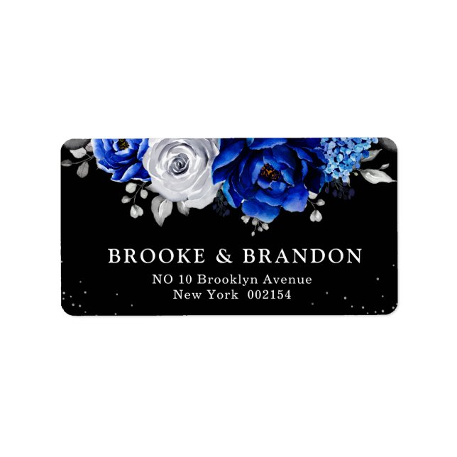 Royal Blue White Silver Metallic Floral Wedding La Label (Front)