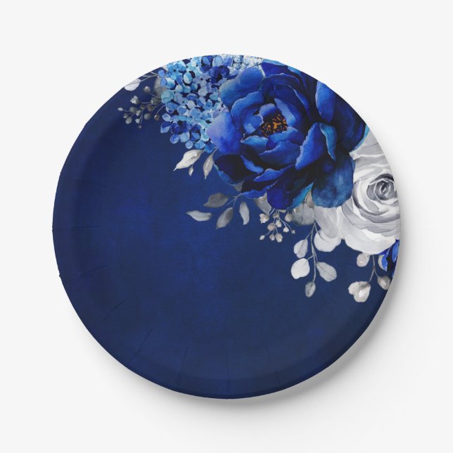 Royal Blue White Silver Metallic Floral Wedding Pa Paper Plate (Front)