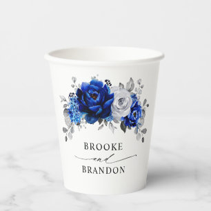 Royal Blue White Silver Metallic Floral Wedding Paper Cups