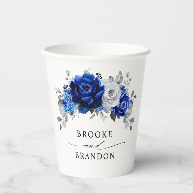 Royal Blue White Silver Metallic Floral Wedding Paper Cups (Front)