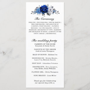 Royal Blue White Silver Metallic Floral Wedding Program