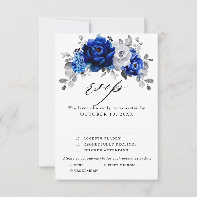 Royal Blue White Silver Metallic Floral Wedding RSVP Card (Front)