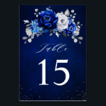Royal Blue White Silver Metallic Floral Wedding Ta Table Number<br><div class="desc">Elegant royal blue white silver theme wedding table numbers featuring elegant bouquet of royal blue,  Navy,  silver,  pure white colour rose flowers buds and sage green eucalyptus leaves. Please contact me for any help in customisation or if you need any other product with this design.</div>