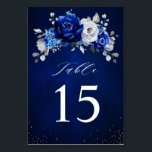 Royal Blue White Silver Metallic Floral Wedding Ta Table Number<br><div class="desc">Elegant royal blue white silver theme wedding table numbers featuring elegant bouquet of royal blue,  Navy,  silver,  pure white colour rose flowers buds and sage green eucalyptus leaves. Please contact me for any help in customisation or if you need any other product with this design.</div>