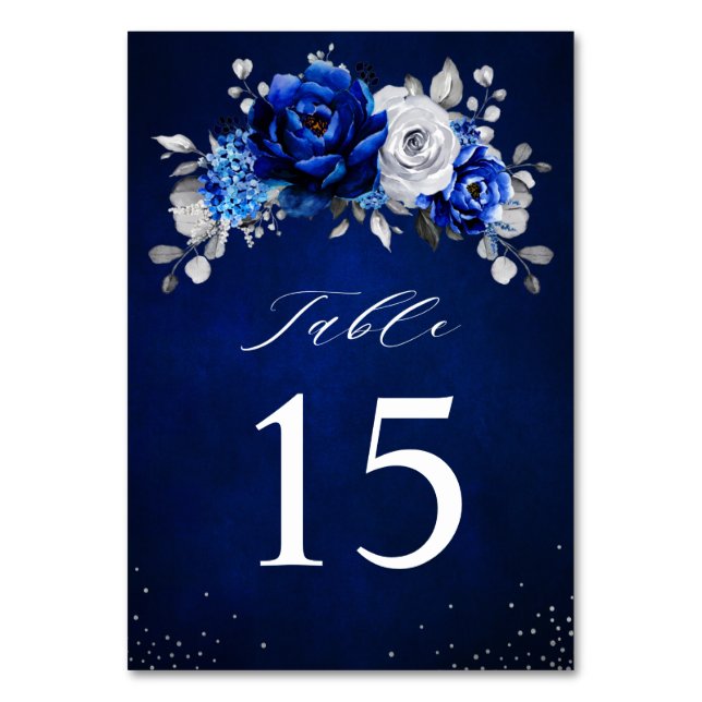 Royal Blue White Silver Metallic Floral Wedding Ta Table Number (Front)
