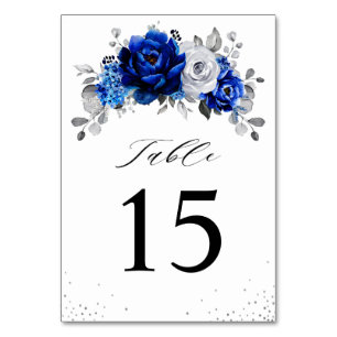 Royal Blue White Silver Metallic Floral Wedding Ta Table Number