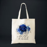 Royal Blue White Silver Metallic Floral Wedding To Tote Bag<br><div class="desc">Elegant royal blue white silver theme wedding bridesmaid gift tote bag featuring elegant bouquet of royal blue,  Navy,  silver,  pure white color rose flowers buds and sage green eucalyptus leaves. Please contact me for any help in customization or if you need any other product with this design.</div>