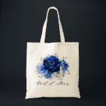 Royal Blue White Silver Metallic Floral Wedding To Tote Bag<br><div class="desc">Elegant royal blue white silver theme wedding bridesmaid gift tote bag featuring elegant bouquet of royal blue,  Navy,  silver,  pure white color rose flowers buds and sage green eucalyptus leaves. Please contact me for any help in customization or if you need any other product with this design.</div>