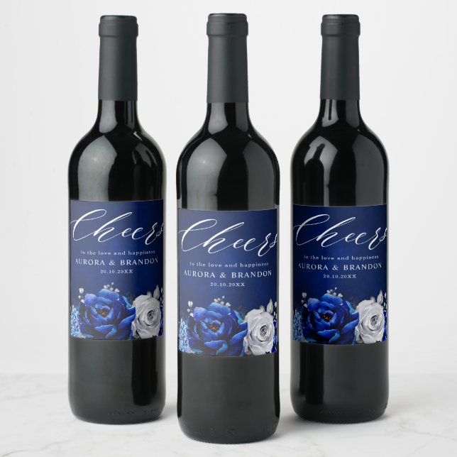 Royal Blue White Silver Metallic Floral Wedding Wi Wine Label (Bottles)