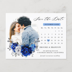 Royal Blue White Silver Metallic Save the Date Postcard