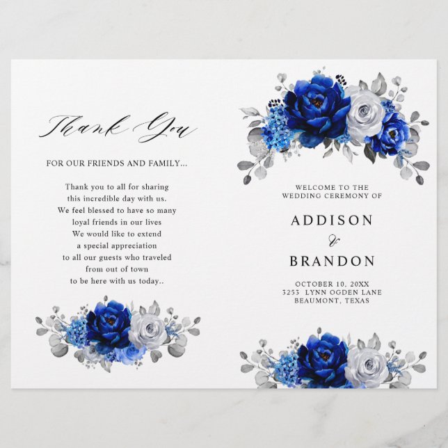Royal Blue White Silver Metallic Wedding Program (Front)