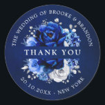 Royal Blue White Silver Metallic Wedding Thank you Classic Round Sticker<br><div class="desc">Elegant royal blue white silver theme wedding thank you sticker featuring elegant bouquet of royal blue,  Navy,  silver,  pure white colour rose flowers buds and sage green eucalyptus leaves. Please contact me for any help in customisation or if you need any other product with this design.</div>