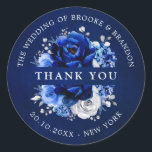 Royal Blue White Silver Metallic Wedding Thank you Classic Round Sticker<br><div class="desc">Elegant royal blue white silver theme wedding thank you sticker featuring elegant bouquet of royal blue,  Navy,  silver,  pure white colour rose flowers buds and sage green eucalyptus leaves. Please contact me for any help in customisation or if you need any other product with this design.</div>