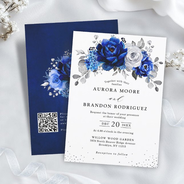 Royal Blue White Silver QR Code Floral Wedding  Invitation (Royal Blue White Silver QR Code Floral Wedding Invitation)