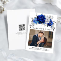 Royal Blue White Silver QR Code Floral Wedding