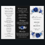 Royal Blue White Silver Tri-fold Wedding Program<br><div class="desc">Elegant royal blue white silver theme wedding program featuring elegant bouquet of royal blue,  Navy,  silver,  pure white colour rose flowers buds and sage green eucalyptus leaves. Please contact me for any help in customisation or if you need any other product with this design.</div>