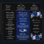 Royal Blue White Silver Tri-fold Wedding Program<br><div class="desc">Elegant royal blue white silver theme wedding program featuring elegant bouquet of royal blue,  Navy,  silver,  pure white colour rose flowers buds and sage green eucalyptus leaves. Please contact me for any help in customisation or if you need any other product with this design.</div>