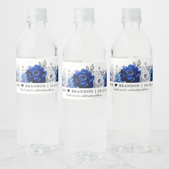 Royal Blue White Silver  Wedding Water Bottle Label (Bottles)