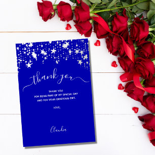 Royal blue white stars script thank you card