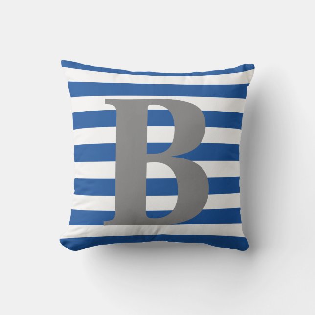 Royal Blue White Stripes Monogram Initial Square Cushion (Front)