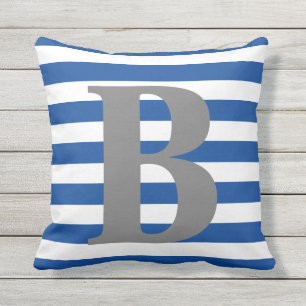 Royal Blue White Stripes Monogram Initial Square Cushion