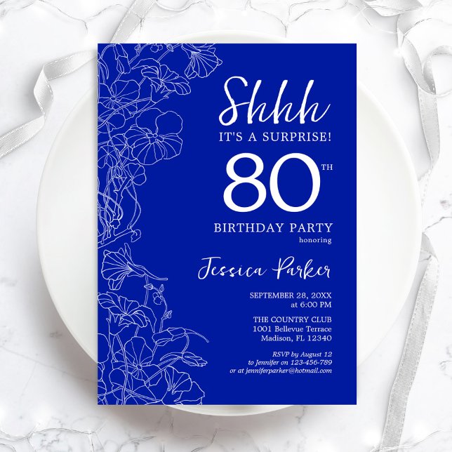 Royal Blue White Surprise 80th Birthday Invitation (Creator Uploaded)
