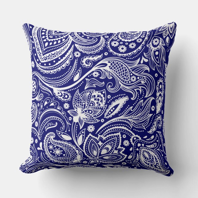 Royal Blue & White Vintage Floral Paisley Cushion (Front)