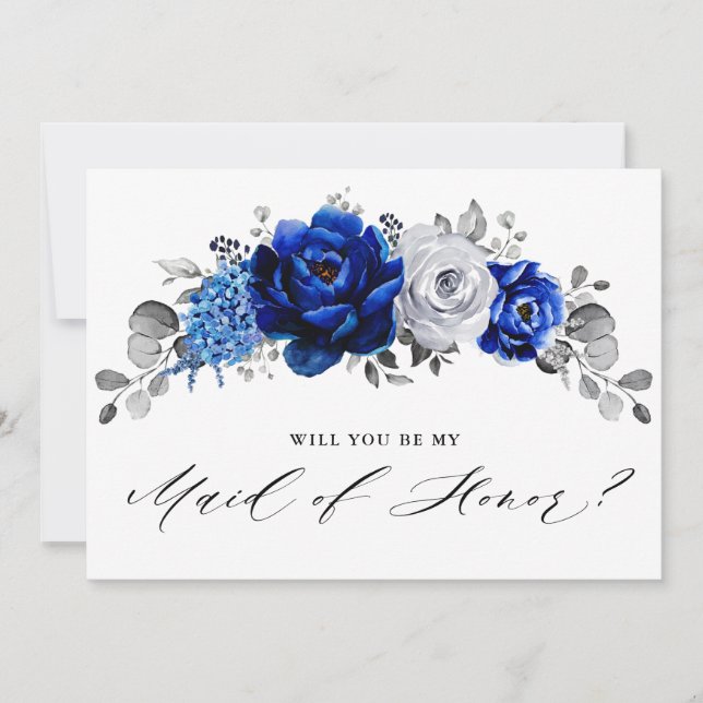 Royal Blue White will  you be my maid of honour Invitation (Front)