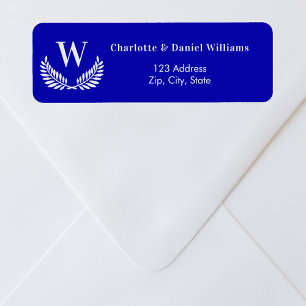 Royal blue white wreath monogram return address label
