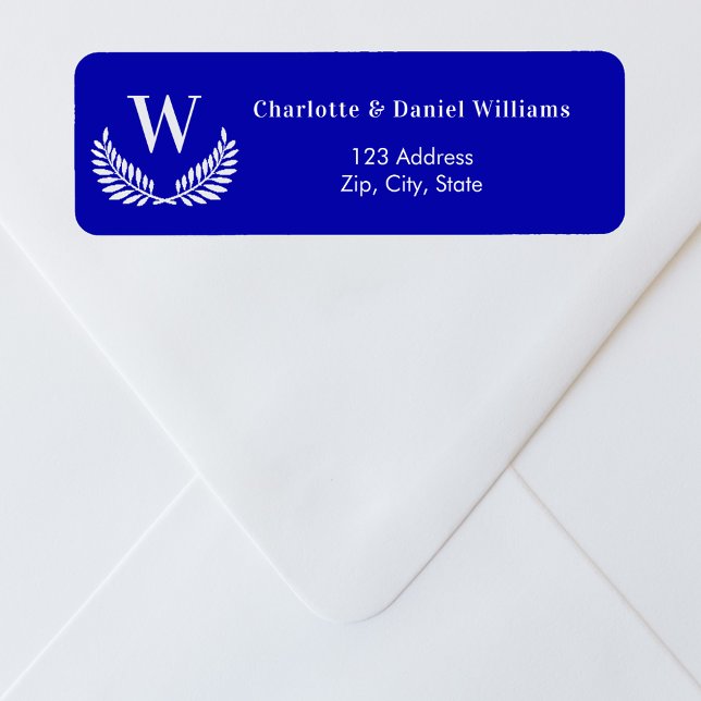 Royal blue white wreath monogram return address label (Creator Uploaded)