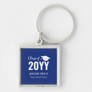 Royal Blue, White Your Name Custom Graduation Gift Key Ring