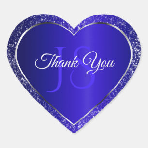 Royal Blue with Glitter Initials Cute Thank You Heart Sticker