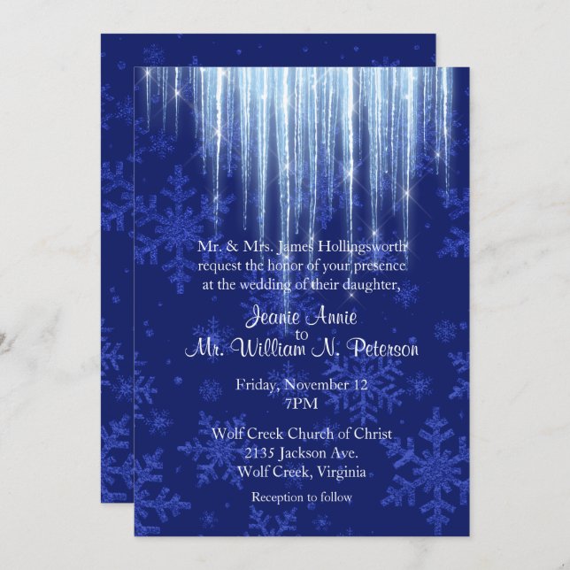 Royal Blue with Icicles Winter Wedding Invitation (Front/Back)