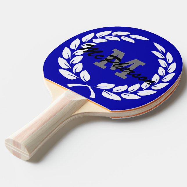 Royal Blue with Victory Wreath and Monogram/Name Ping Pong Paddle (Front Angle)