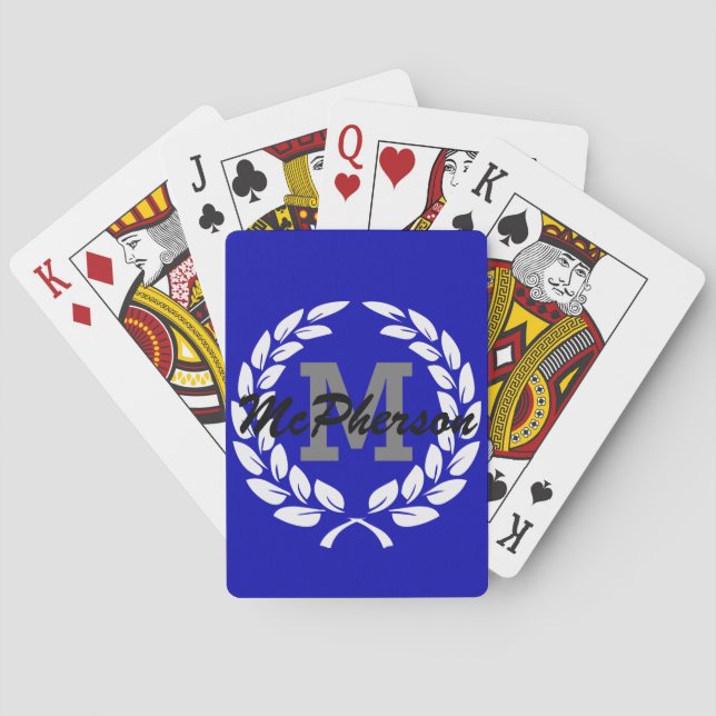 Royal Blue with Victory Wreath and Monogram/Name Playing Cards (Back)