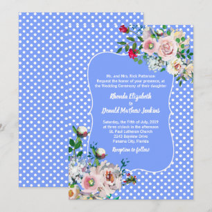 Royal Blue with White Dots and Flowers Wedding Invitation