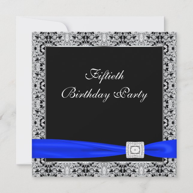 Royal Blue Womans Classy Black 50th Birthday Party Invitation (Front)