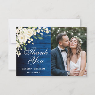 Royal Blue Wood White Roses Floral Lantern Photo Thank You Card