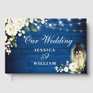 Royal Blue Wood White Roses Floral Rustic Wedding Guest Book