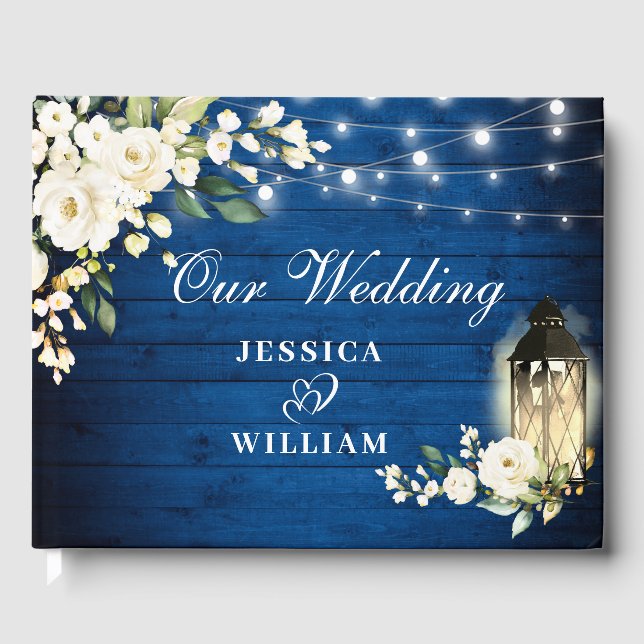 Royal Blue Wood White Roses Floral Rustic Wedding Guest Book (Front)