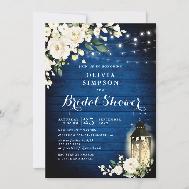Royal Blue Wood White Roses Lantern Bridal Shower Invitation (Front)