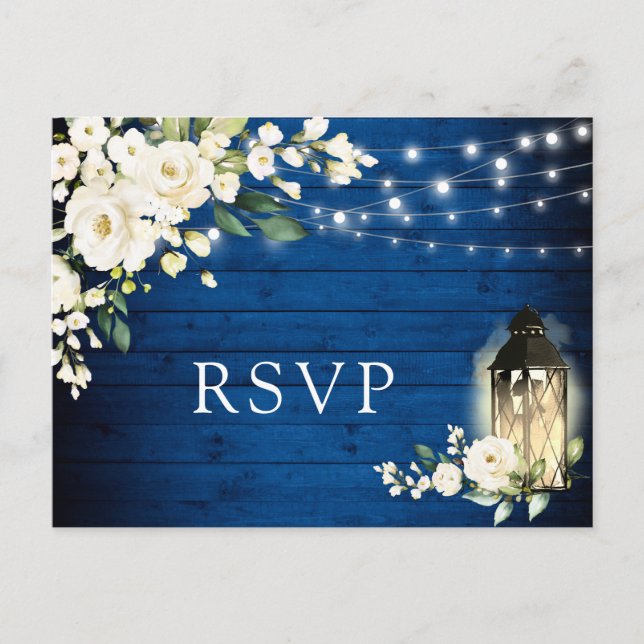 Royal Blue Wood White Roses Rustic Wedding RSVP Postcard (Front)