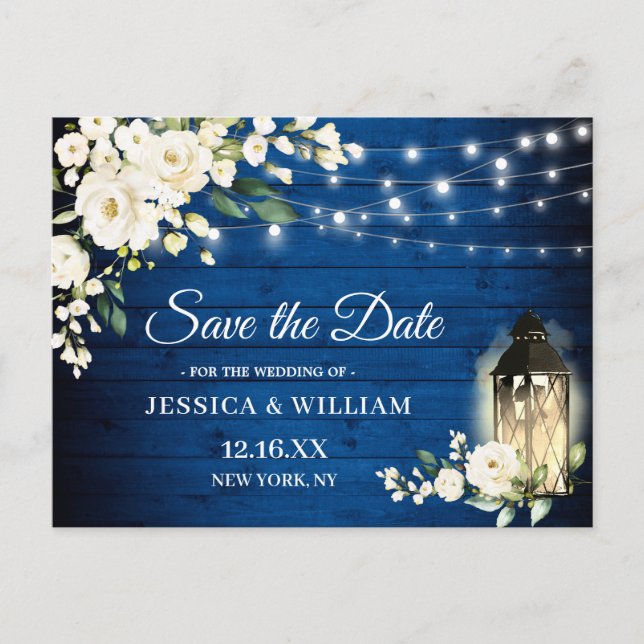 Royal Blue Wood White Roses Wedding Save the Date Postcard (Front)