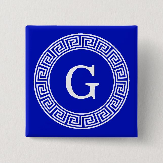Royal Blue Wt Greek Key Rnd Frame Initial Monogram 15 Cm Square Badge (Front)