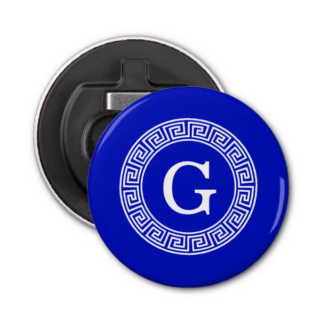 Royal Blue Wt Greek Key Rnd Frame Initial Monogram Bottle Opener (Front)