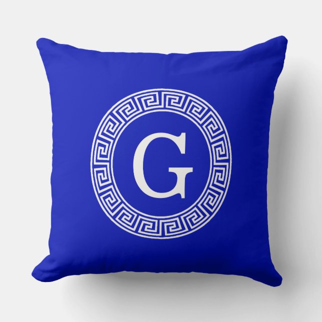 Royal Blue Wt Greek Key Rnd Frame Initial Monogram Cushion (Front)