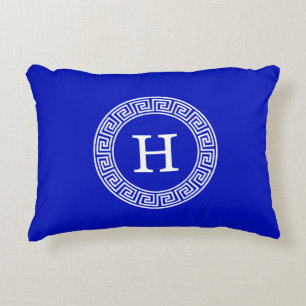 Royal Blue Wt Greek Key Rnd Frame Initial Monogram Decorative Cushion