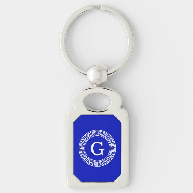Royal Blue Wt Greek Key Rnd Frame Initial Monogram Key Ring (Front)